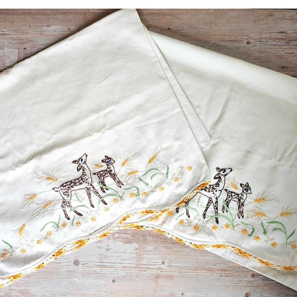 Pair~DEER Fawn Vintage White Cotton Hand Embroidered Pillowcases